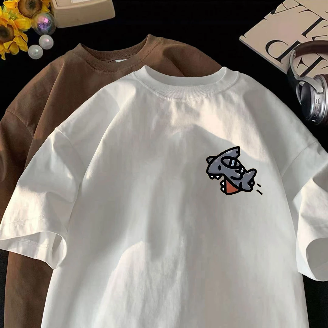 夏季卡通鲨鱼印花纯棉短袖t恤男美式潮牌ins宽松纯棉圆领打底上衣