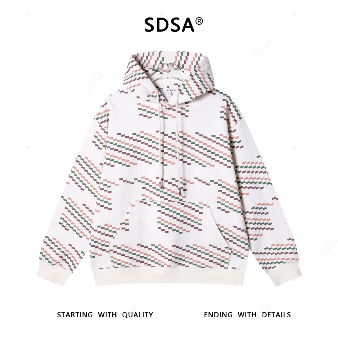 SDSA男士秋冬新款痞帅男装撞色格子斜纹抽绳连帽卫衣百搭宽松上衣