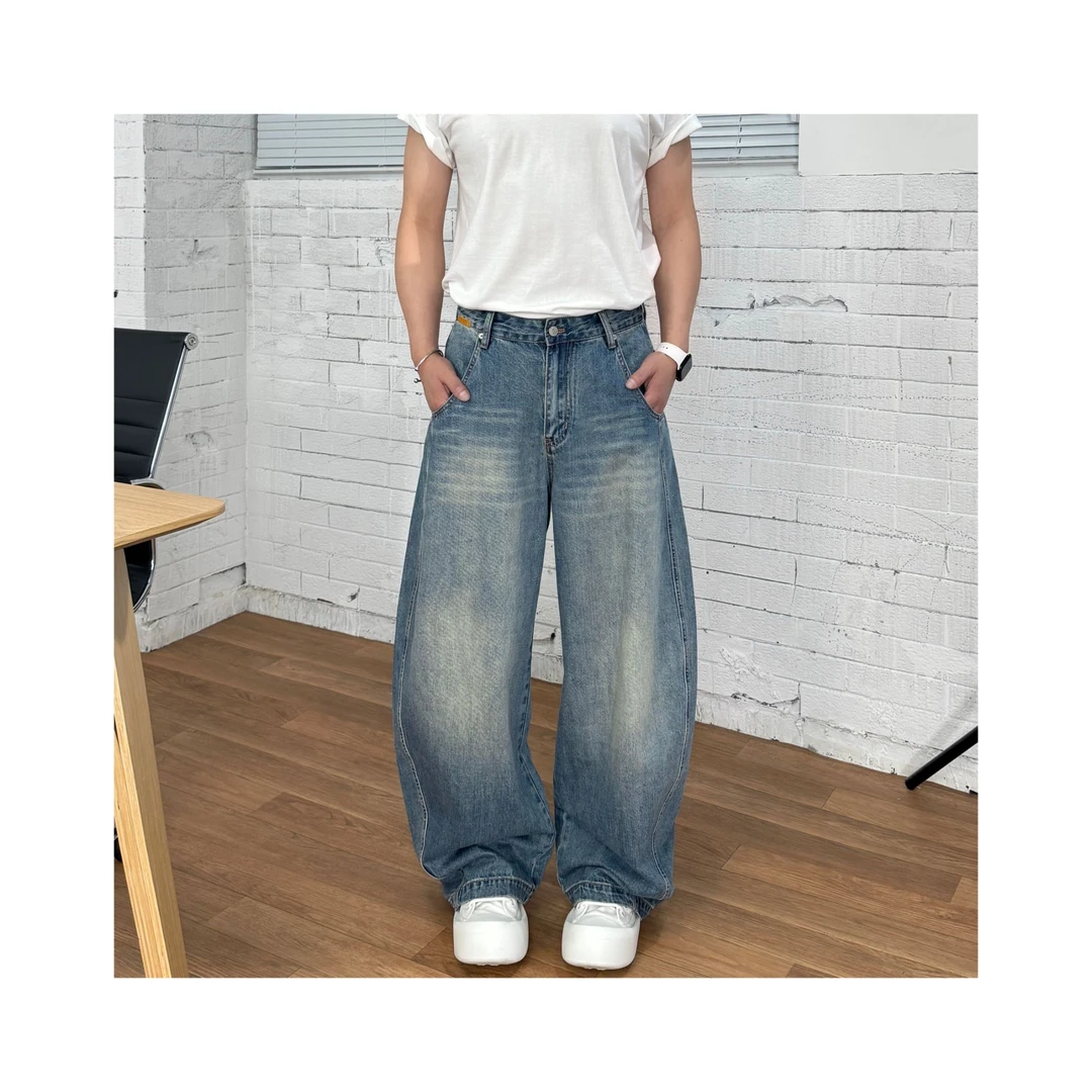 【张茂studio】夏季新款男士浅蓝色薄款宽松直筒大弯刀做旧牛仔裤子