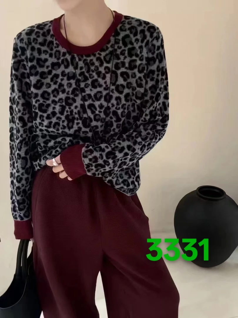 撞色圆领豹纹软糯针织衫女欧洲站春秋新款欧货气质高级感上衣