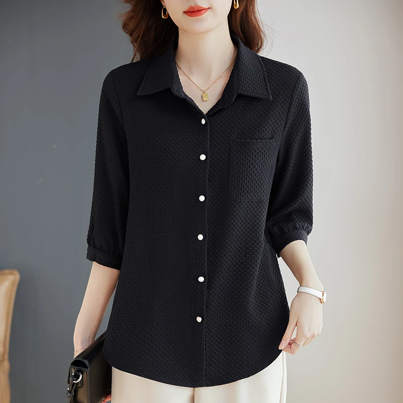 黑色洋气女士衬衫中长款大码女装上衣翻领衬衣女款2025新款爆款