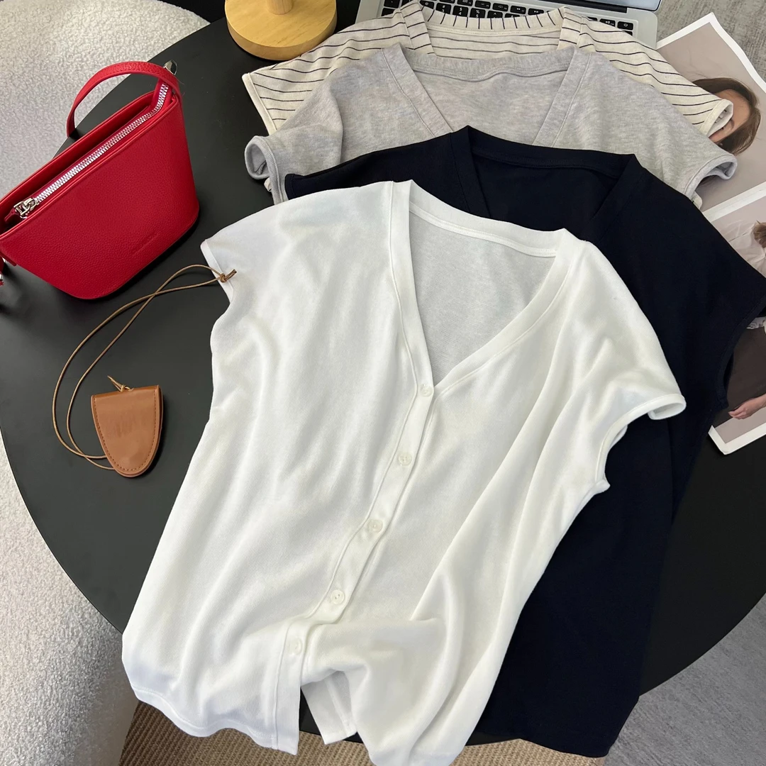 【初奢自制】透气不透肉！针织亚麻·V领纽扣T恤上衣显瘦