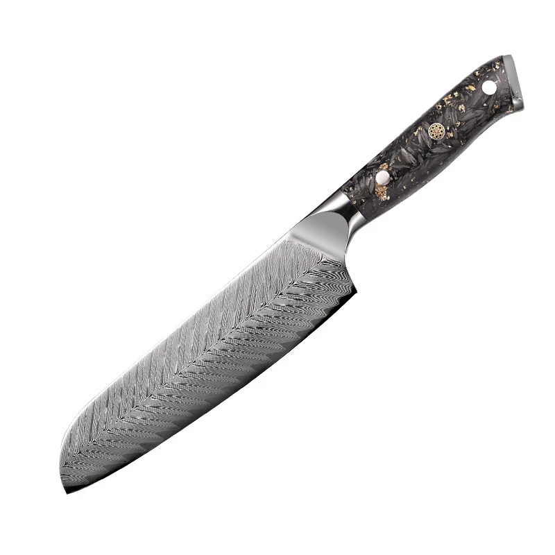 煜桦作大马士革钢67层金箔碳纤维手柄日式刀三德刀切肉切片厨刀