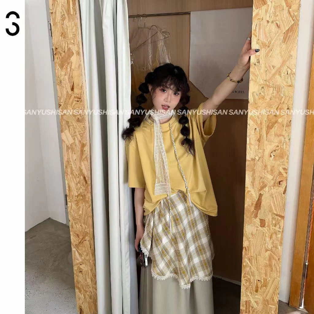 三与十三|神明少女|春夏季古着领口编织系带设计短袖t恤(送丝巾）