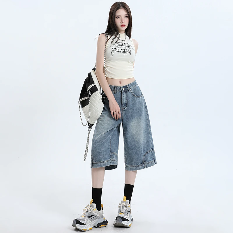 美式复古浅蓝色水洗六分牛仔短裤女小众设计反穿倒装七分裤子中裤