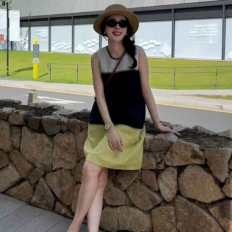 大码女装高级感撞色拼接背心连衣裙夏季新款胖mm宽松显瘦无袖裙子