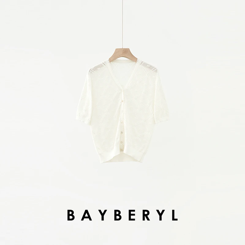 BAYBERYL老贝白昙*无花V领挑洞百搭气质短袖针织衫ZZS5D1608-5/2