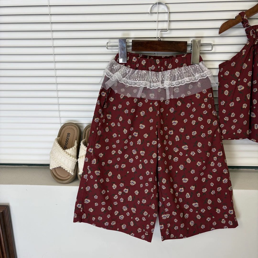 9038儿童碎花屁帘裤 女童韩系红色碎花全棉宽松阔腿花边九分裤