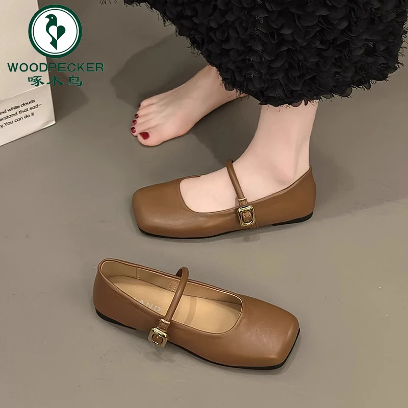 啄木鸟平底玛丽珍鞋2025春夏新款浅口方头软底软面百搭单鞋女鞋