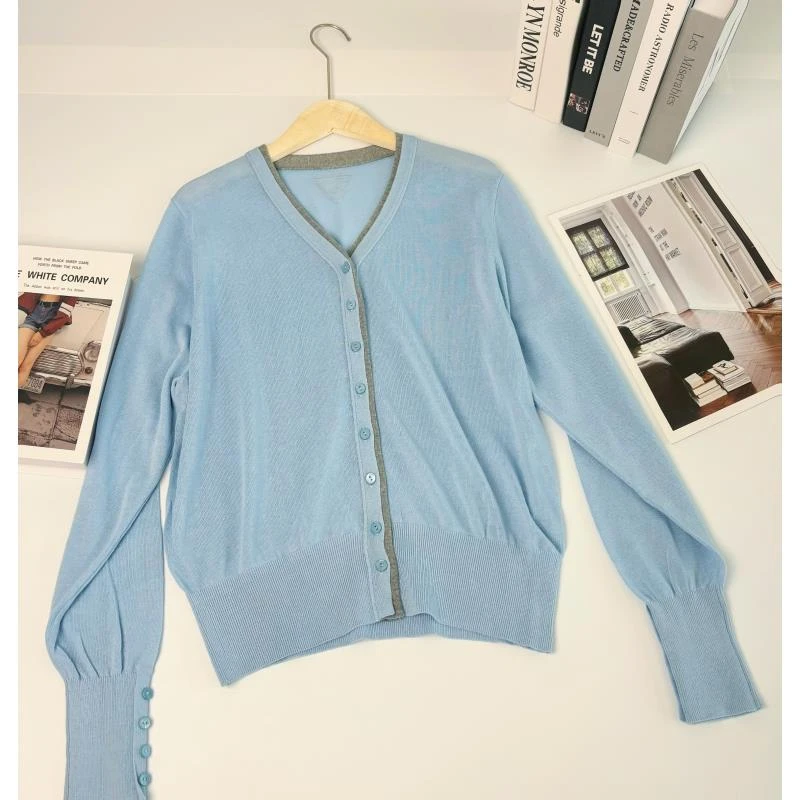 玲姐定制-V领拼接撞色假两件薄款微透后背三角标针织衫41227