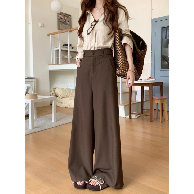 带腰带休闲长裤女高腰百搭阔腿拖地裤显瘦直筒裤