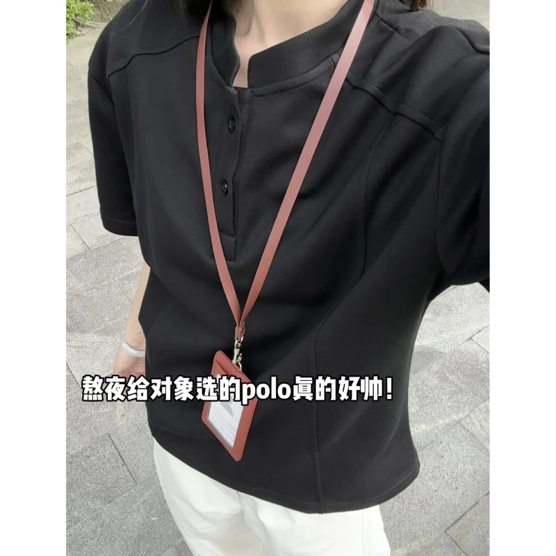 黑色亨利领短袖polo衫男夏季薄款高级感解构t恤美式正肩boxy半袖