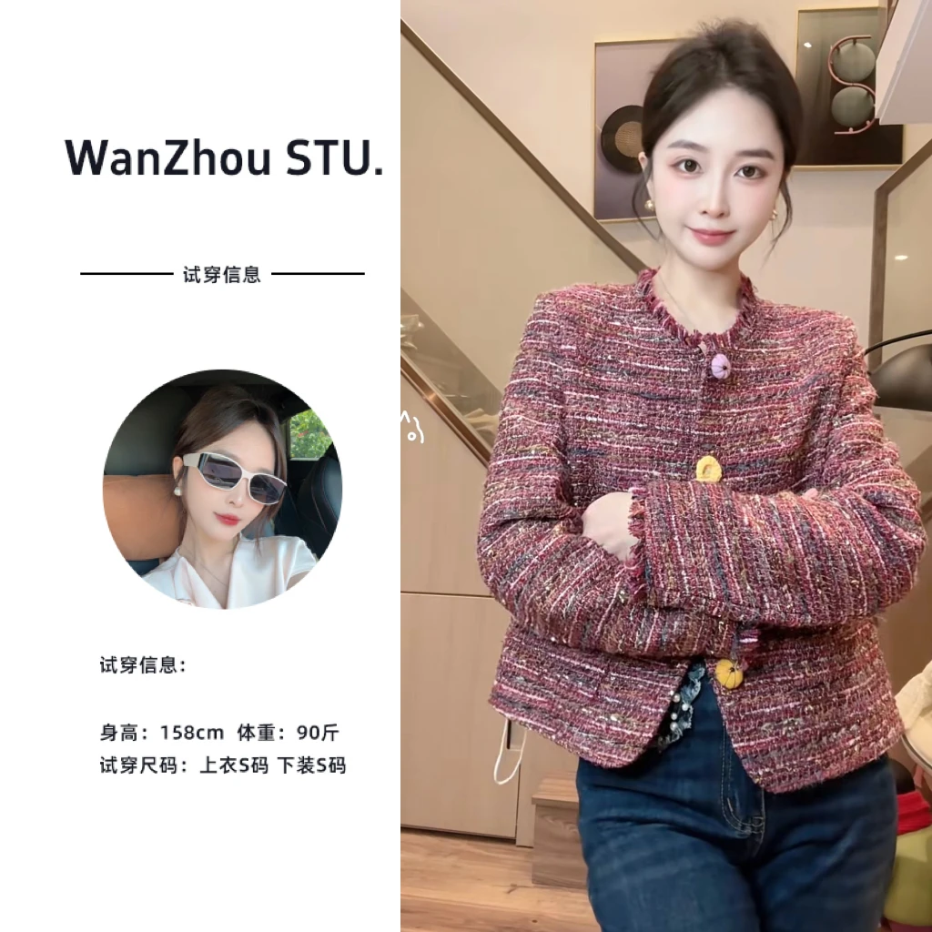 七色纺秋季薄款女小香风双排扣短外套长袖短款宽袖宽松型QSF-1067