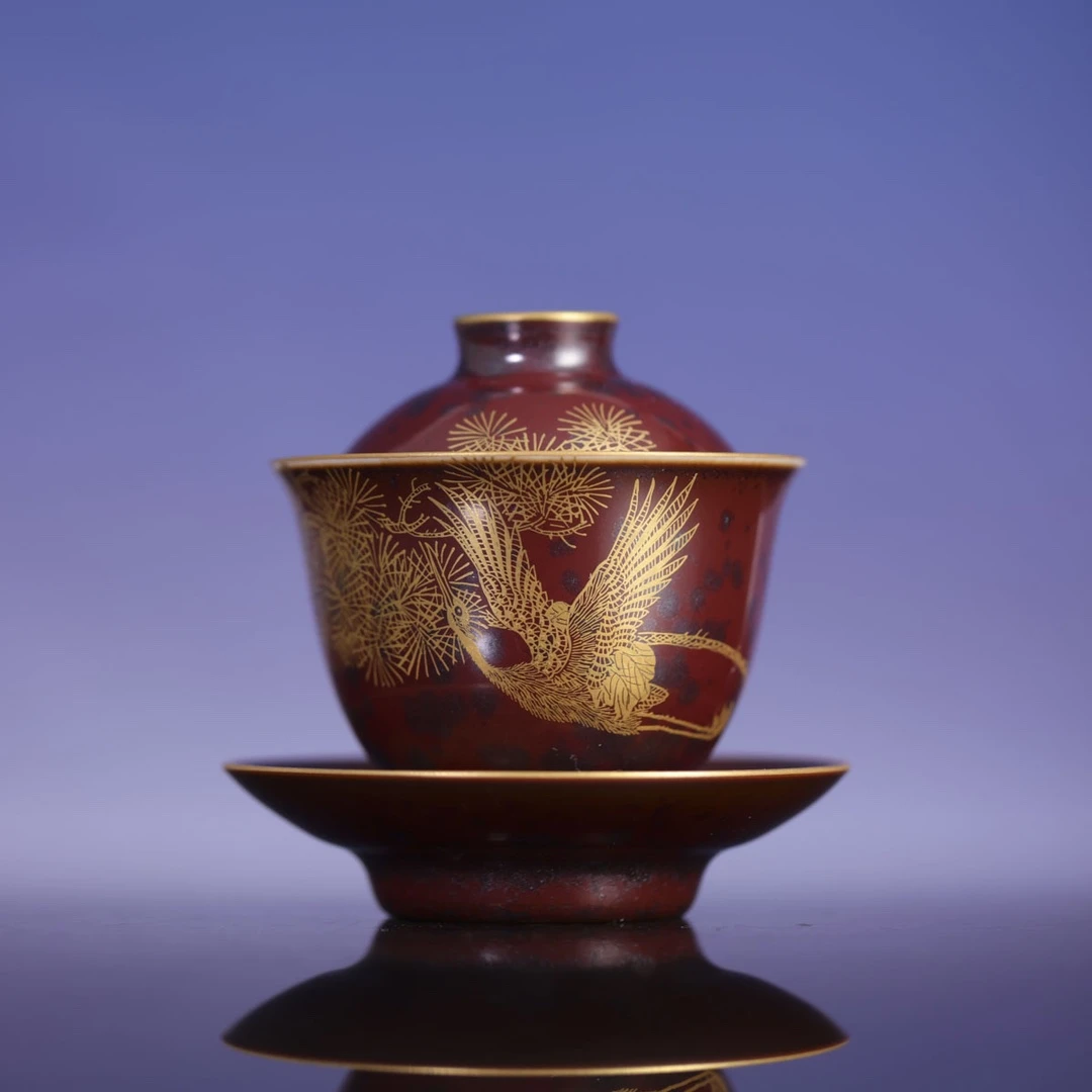 自慢堂-迷你玉兰盖碗铁锈红松鹤-高档家用茶道分茶纯手工