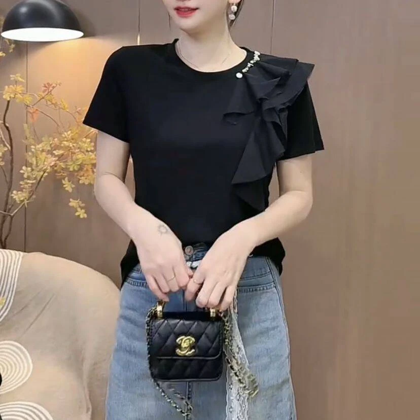 设计感时尚钉珠网纱拼接短袖T恤百搭显瘦洋气遮肉上衣减龄小衫潮