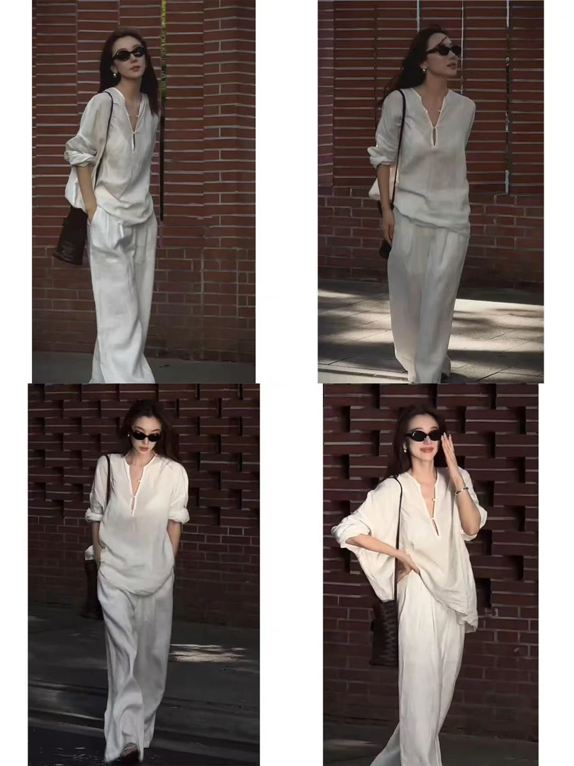 （莎拉）老钱风白色套装亚麻秋季休闲慵懒松弛防晒衬衫阔腿裤T2221