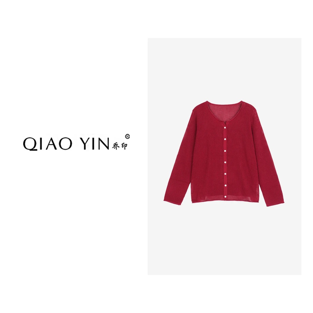 QIAO YIN"小衫“开衫圆领镂空长袖薄款时尚毛针织衫女QY27995