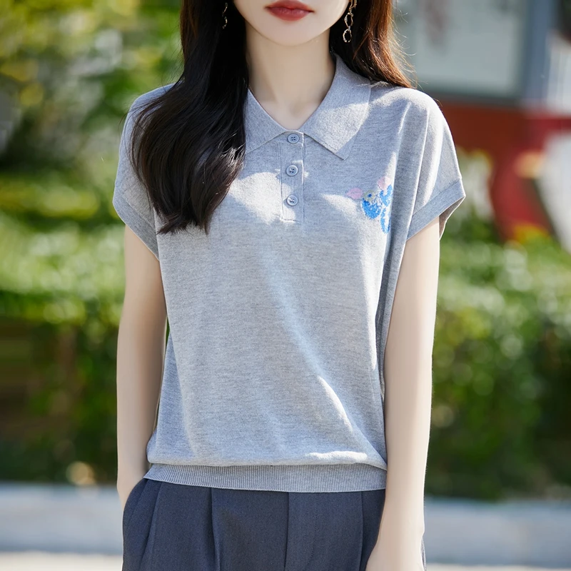 品牌POLO领半开扣蓝莓图案短袖显瘦洋气休闲夏季百搭