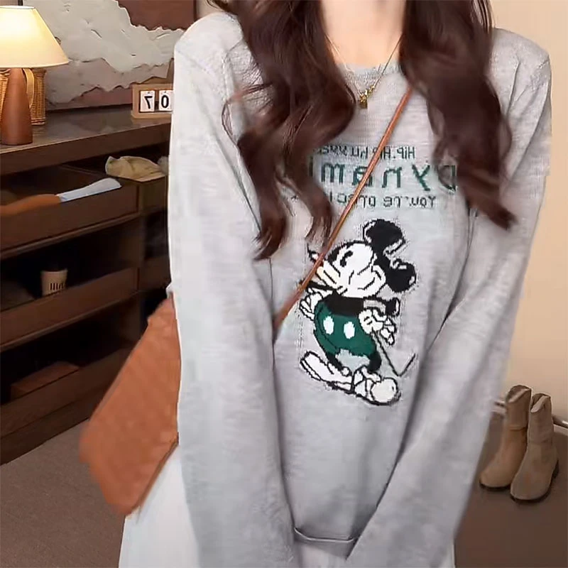 慵懒风米奇卡通图案宽松薄款防晒衫女2025夏新款减龄长袖T恤上衣