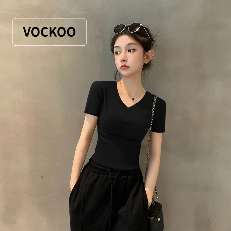 VOCKOO2025新款夏季黑色v领短袖T恤女莫代尔冰丝薄款内搭外穿鸡心
