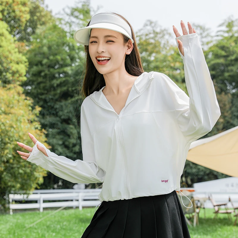夏季时尚轻薄长袖女士户外运动宽松防紫外线遮阳连帽短款夏天