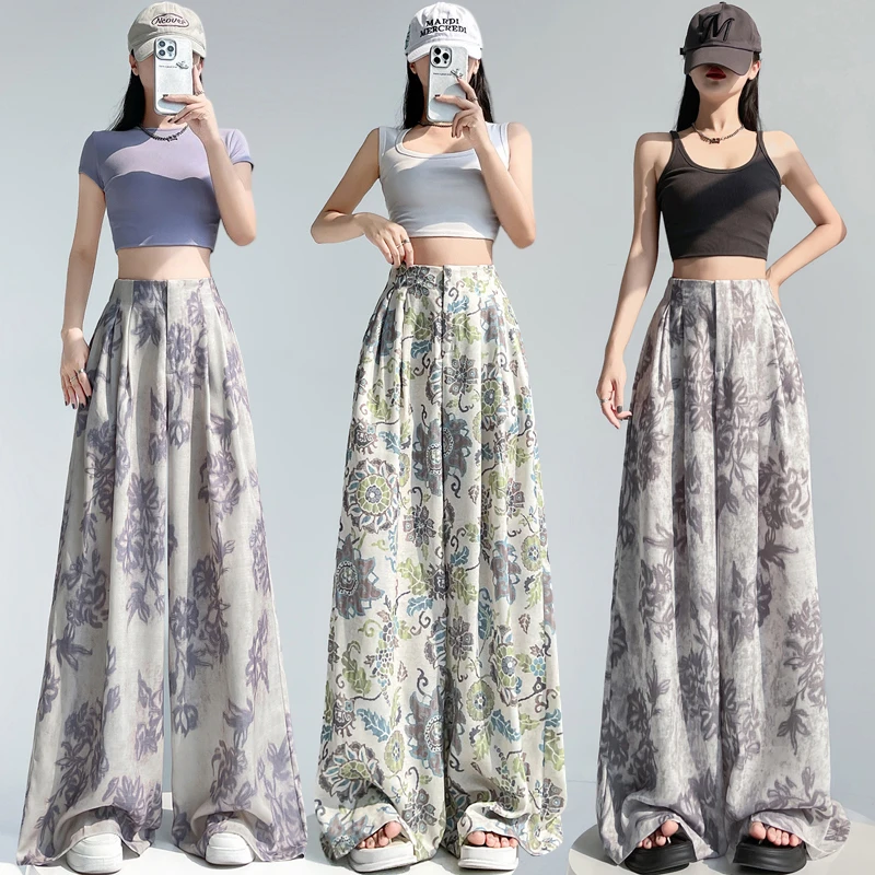 麻印花阔腿裤裤子女2025夏季高腰宽松休闲直筒拖地西装裤