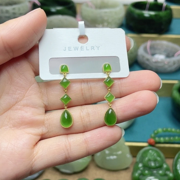 和田玉耳饰银S925镶嵌