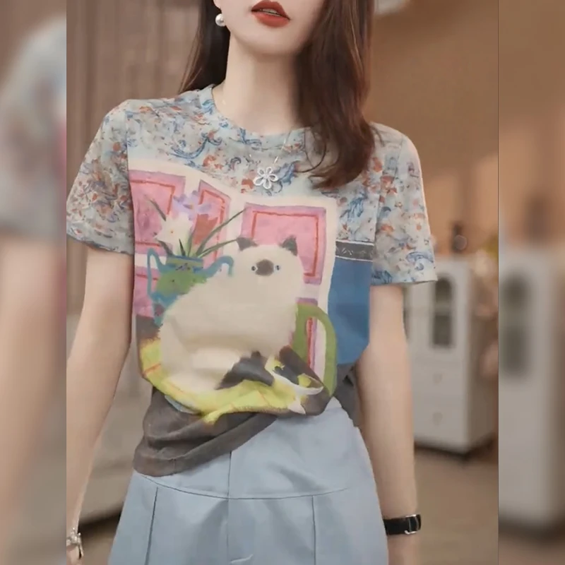 巨好看的微胖mm复古印花正肩短袖T恤女夏季大码圆领独特宽松上衣