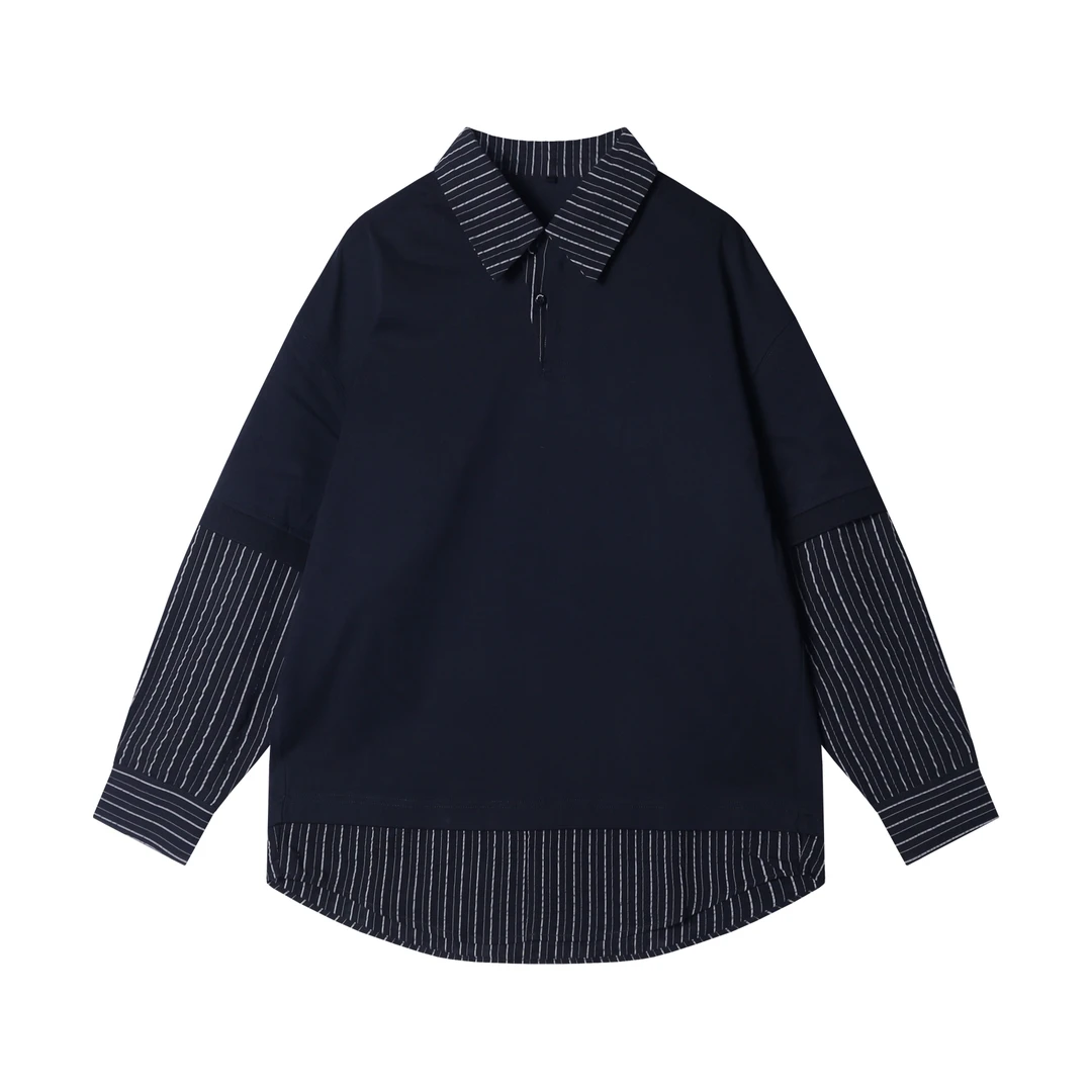 早春新款时尚个性条纹撞色翻领长袖衬衫百搭高级感设计套头上衣