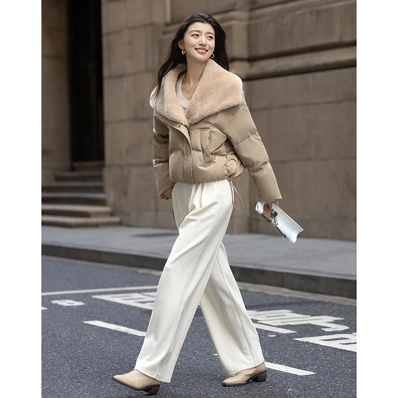 dme德·玛纳芦苇色调冬季90鸭绒仿羊羔绒滚条三层工艺羽绒服