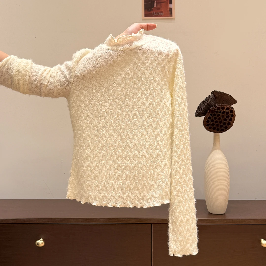 小婉薇 杏色半高领木耳边菱格纹长袖t恤女2026秋冬修身内搭打底衫