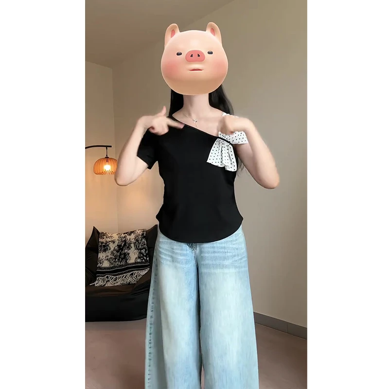 胖mm设计感显瘦辣妹褶皱上衣ins大码纯欲波点蝴蝶结短袖T恤女夏季