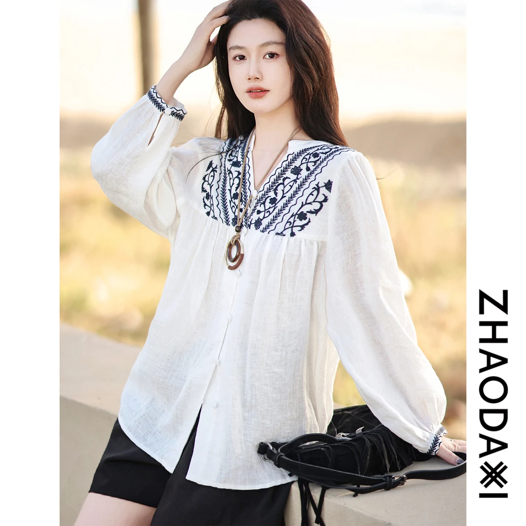 【赵大喜】现货！罗马假日刺绣小衫 | 100.亚.麻 V领/单排扣