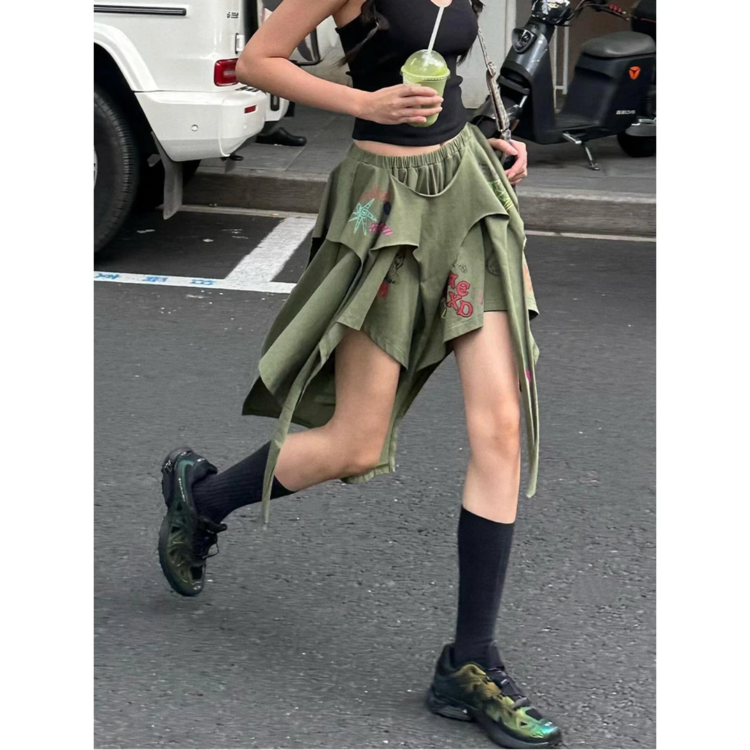 夏季小个子高腰显瘦半身裙气质高级感时尚休闲不规则做旧绿色半裙