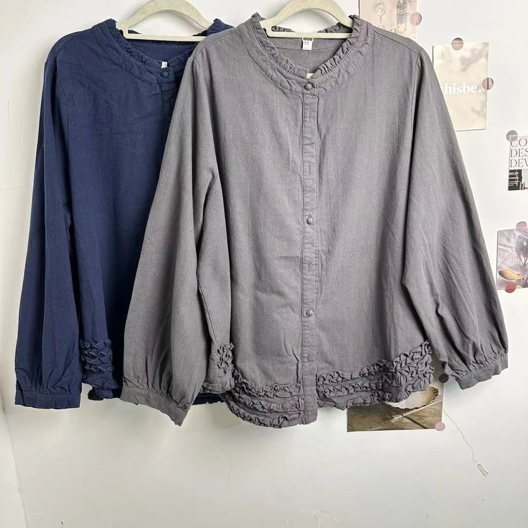 S2180 立领上衣木耳边极简风牛仔圆领衬衣衬衫