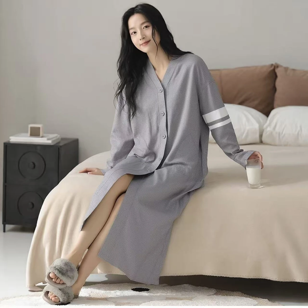 女士纯棉长袖睡裙休闲慵懒风宽松大码浴袍春秋季新款家居裙可外穿