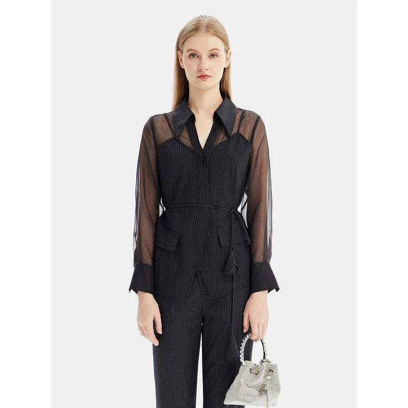 莱芙·艾迪儿轻奢气场强大女士收腰条纹拼接衬衫长袖上衣1V1C34149