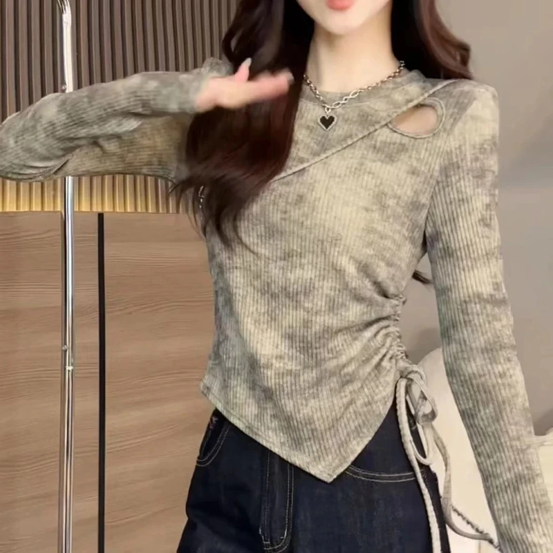 灰色辣妹设计感保暖内搭打底衫女秋冬时尚百搭不规则抽绳打底上衣