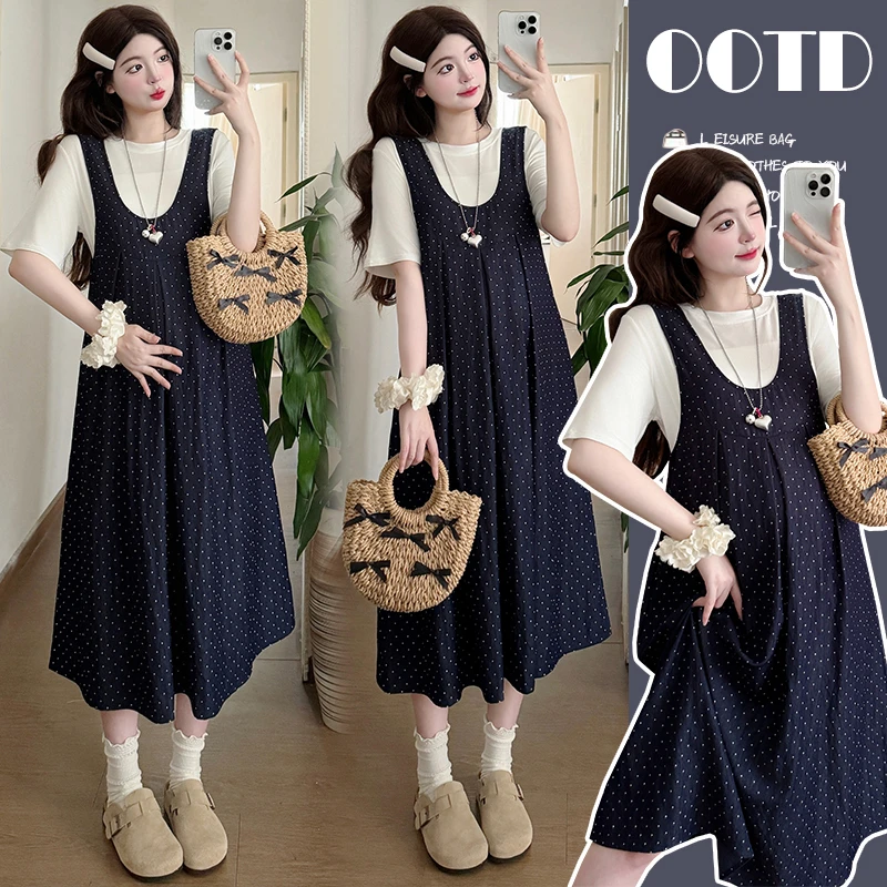 孕妇装夏装套装2025时髦穿搭透气T恤+显瘦波点背心裙两件套连衣裙