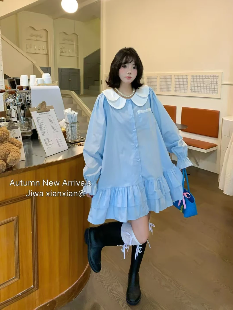 【钱呼呼】2025糖果色秋季新款可爱娃娃领拼色减龄花边中长款衬衫裙