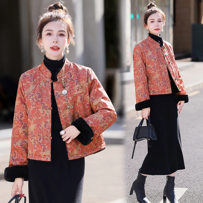 新中式国风羽绒服女2025冬季新款今年流行短款妈妈红色印花厚外套