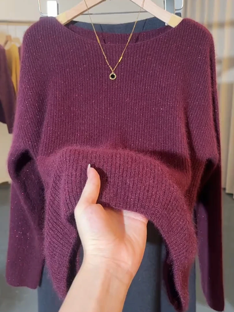 圆领玫红色针织上衣女2025秋冬宽松显瘦亲肤舒适显白休闲长袖毛衣