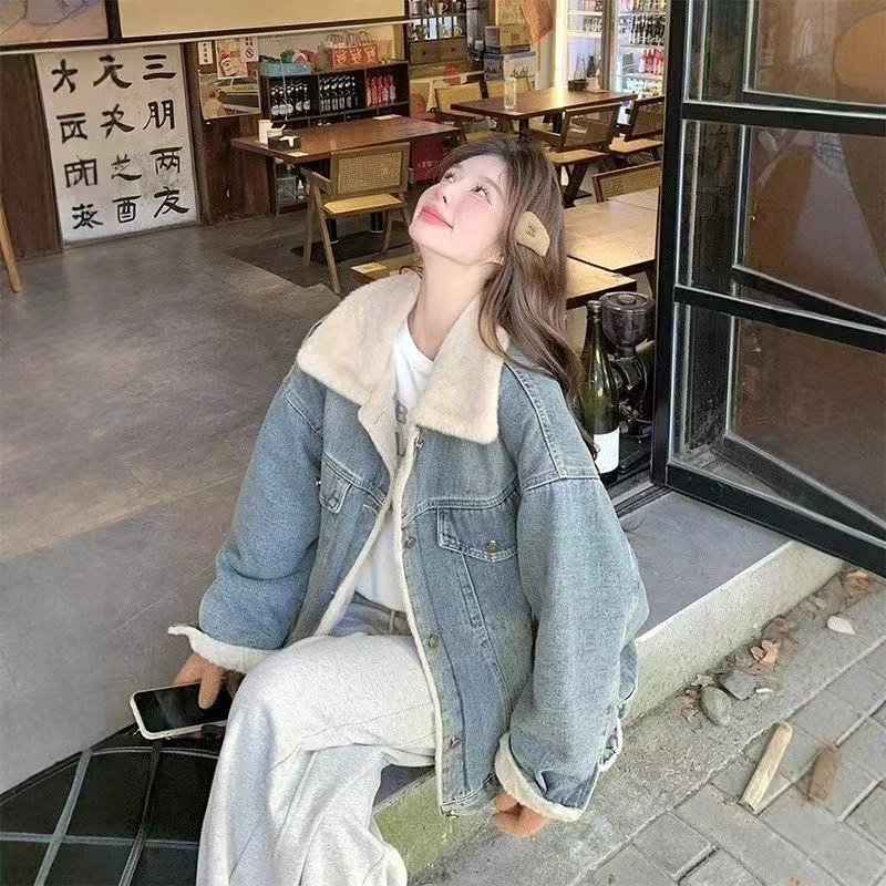 加绒加厚牛仔外套女2025冬季新款爆款复古宽松BF港风棉服
