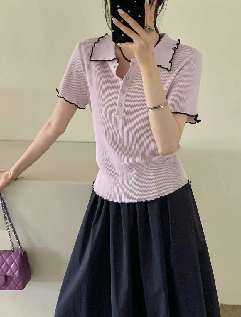 3701夏季常规款短袖格纹毛针织衫时尚百搭薄雾少女风