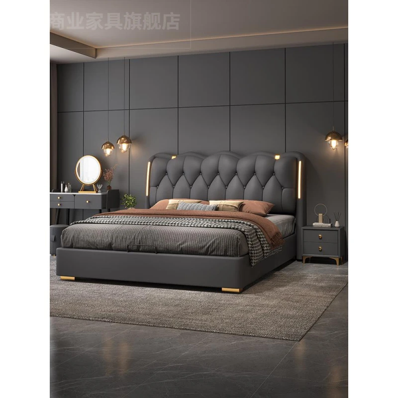 意式真皮床主卧2米2米2大床现代简约1.8米软包皮艺实木储物婚床