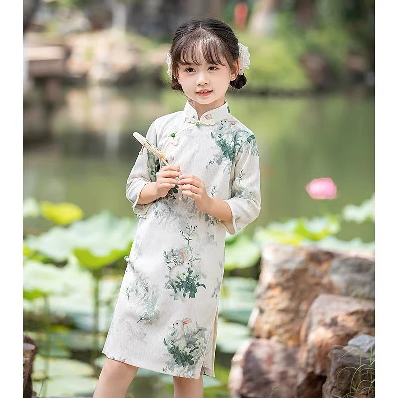 【6199】女童薄款春夏旗袍青绿色