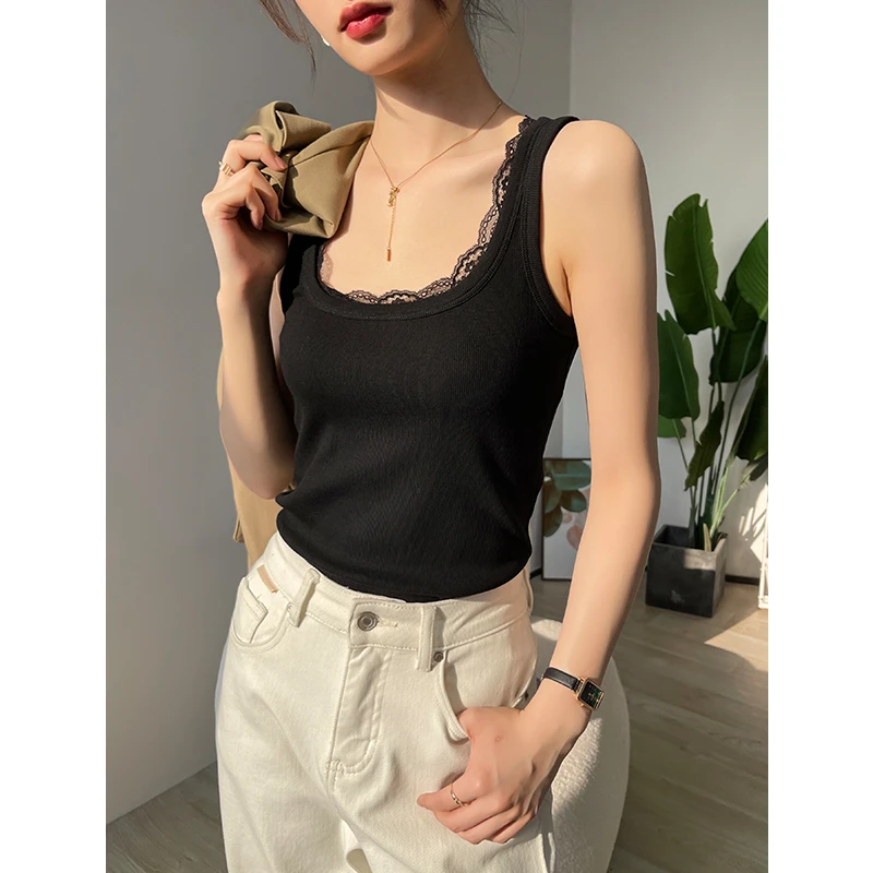 黑色u领吊带背心女内搭夏带胸垫蕾丝拼接无袖打底上衣修身设计感
