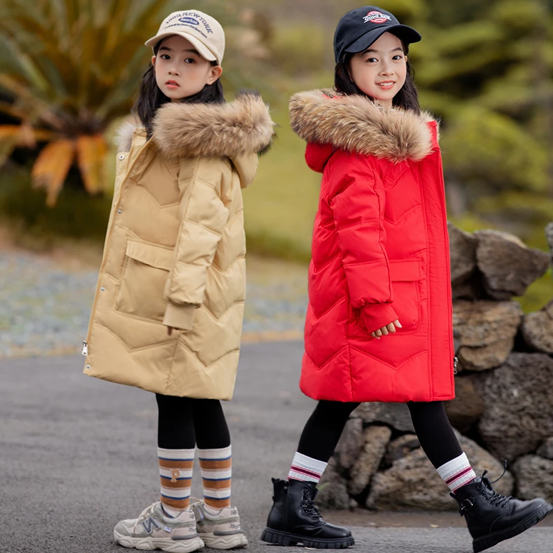 2024秋冬新品加厚女童羽绒服大毛领韩版中长款过膝连帽中大童