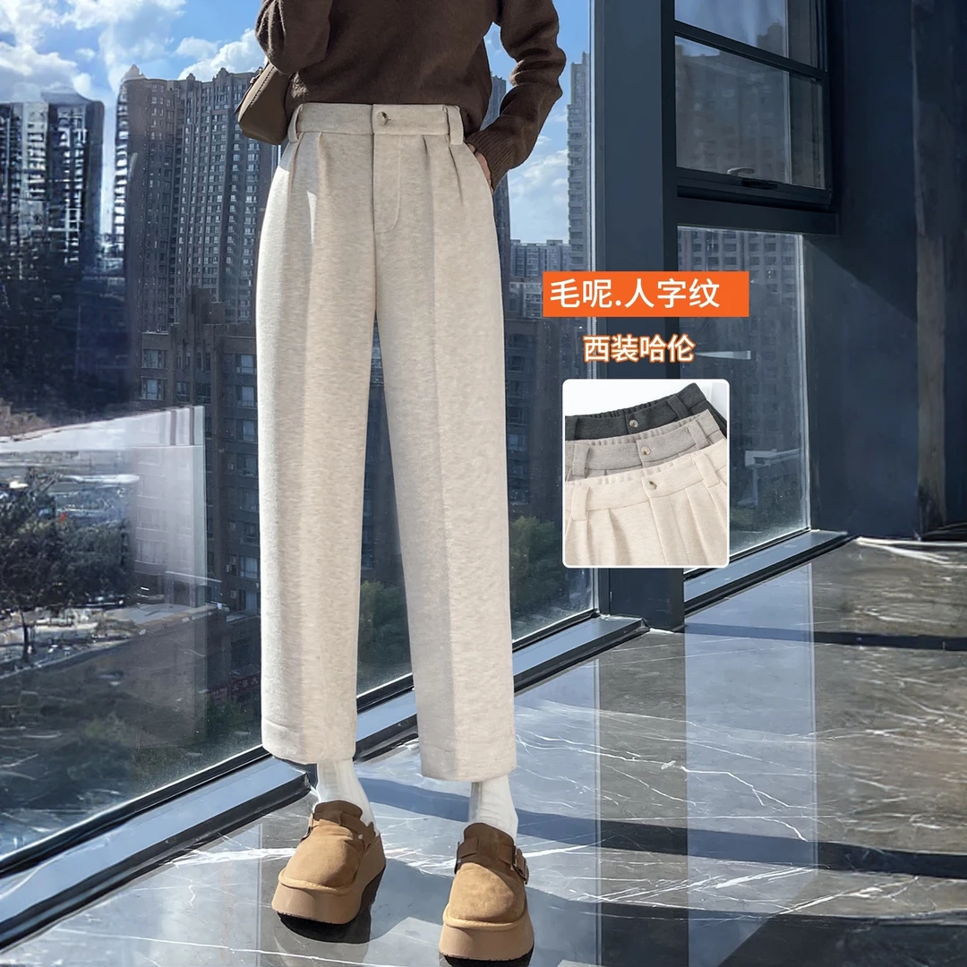 毛呢哈伦裤女秋冬加绒高腰九分八分休闲窄版西装人字纹直筒烟管裤