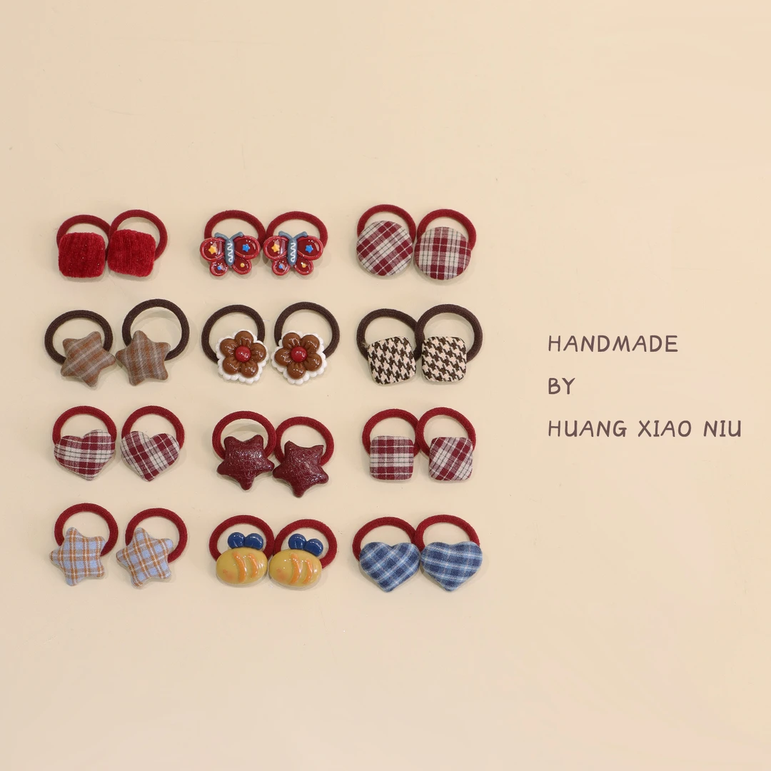 黄小妞秋冬布艺百搭格子迷你婴儿发圈洋气红色女宝宝新年发绳头饰